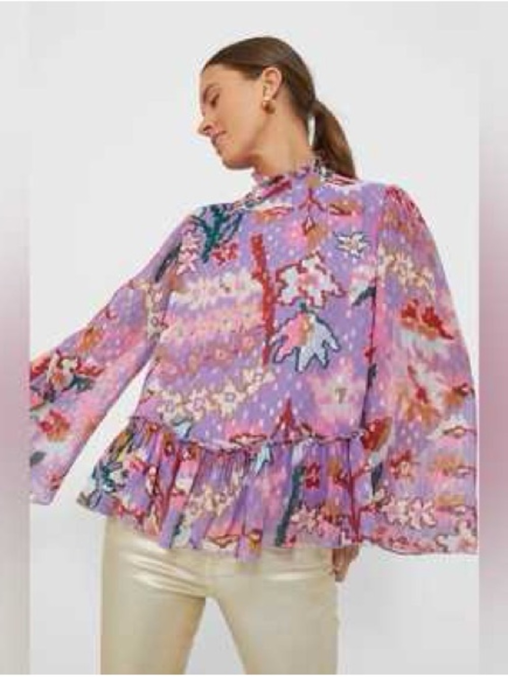 OLIPHANT blouse wide sleeve large bukhara purple shimmer multicolor high neck